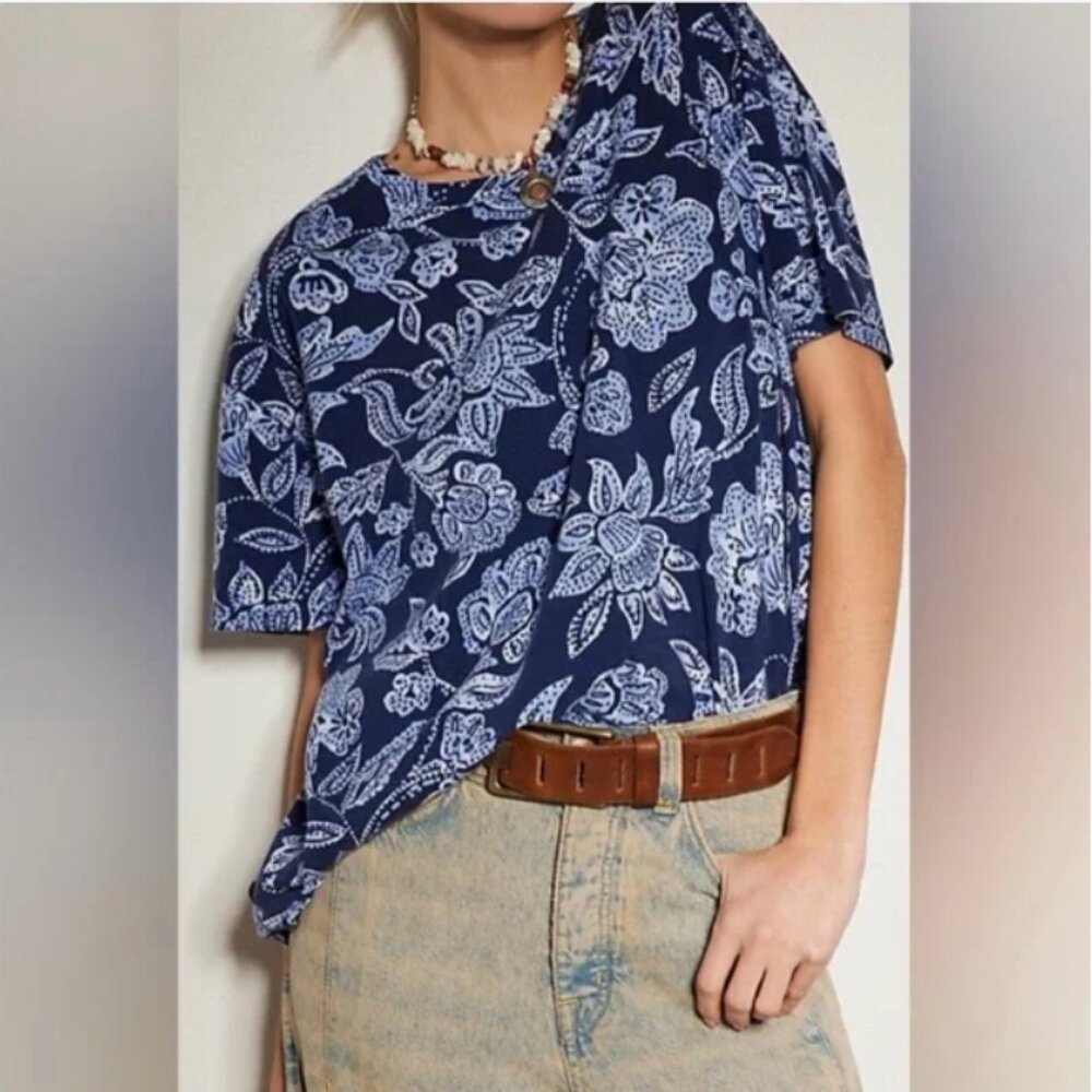 Free People Nina Tee We the Free Blue Floral Small Shirt Top Crewneck Oversized